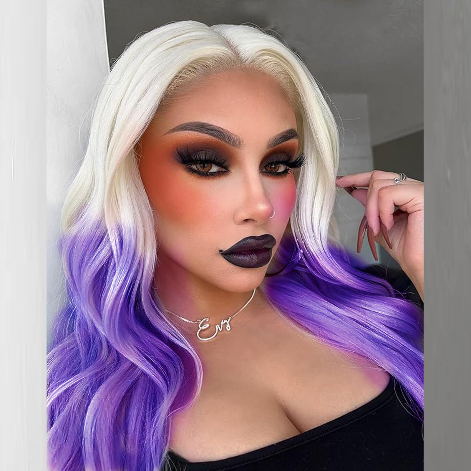 Blonde Purple Ombre Wigs for Women Drag Body Wave Blonde Wigs Real Hair Purple Long Glueless Heat Resistant Wig Lavender Lace Front Synthetic Lace Front Wig Drag Daily 24Inch - Image 2