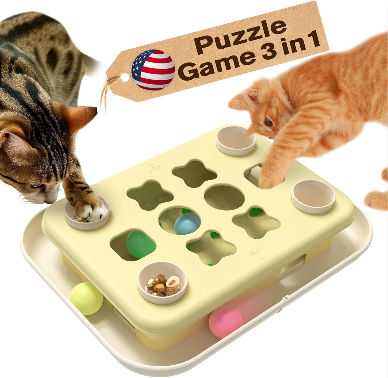 KADTC Cat Puzzle Games Level 3 in 1 Intelligence Mind Game Track Balls Kitten Food Puzzles Toy For Indoor Cats Sensory Activity Enrichment Toys Treat Feeder Entertainment Mental Stimulation Kitty Gift Yellow Puzzle Station