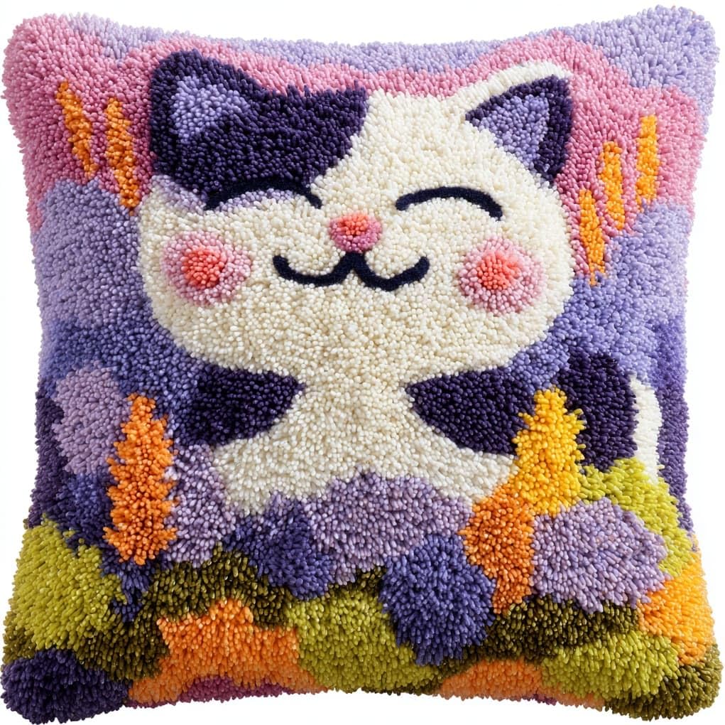 Henypt Latch Hook Pillow Craft Kit 43x43cm,Lavender Flowers and Cats 17x17 Inch,Complete Starter Kit with Tools and Yarn for Beginners & Craft Enthusiasts