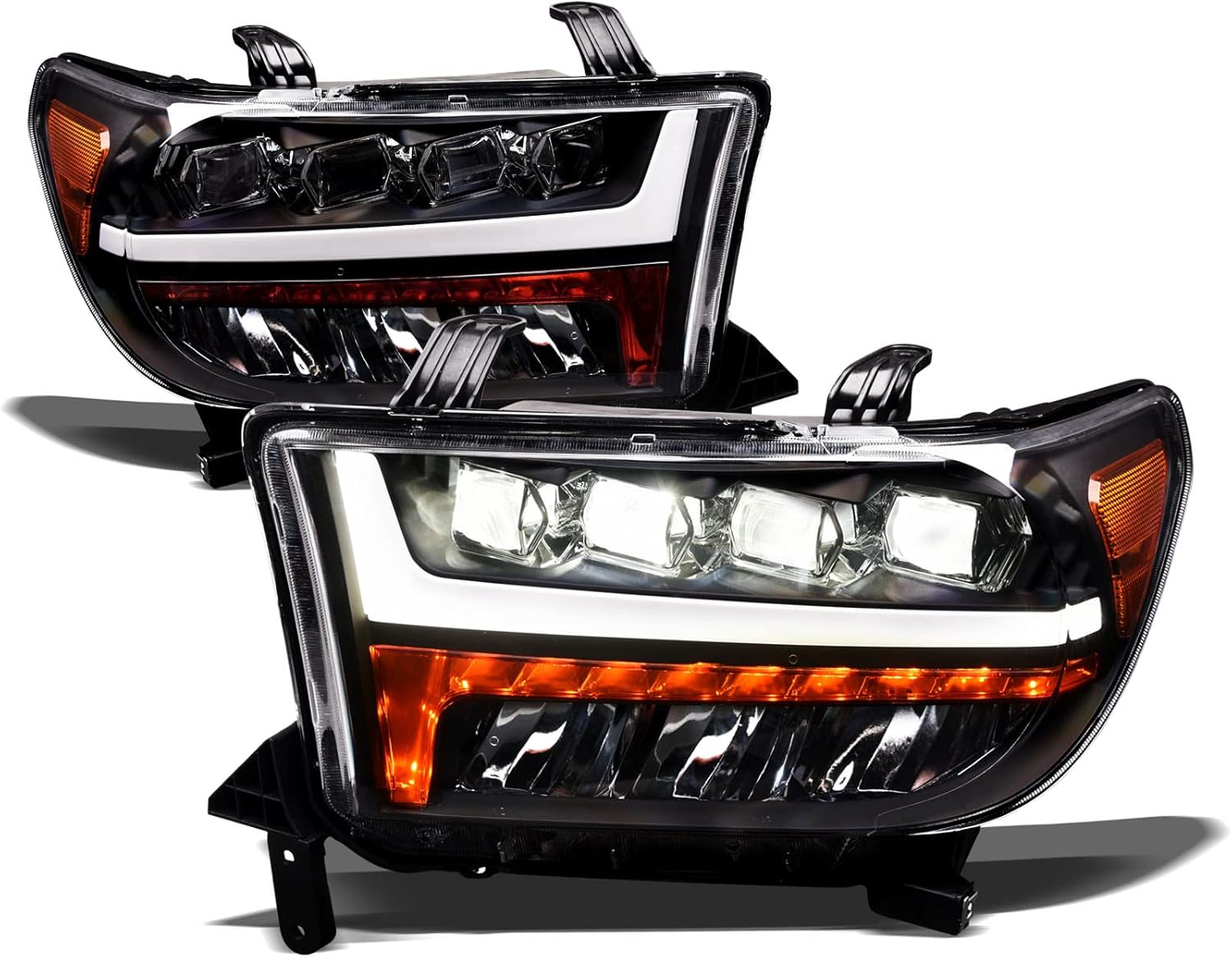 Stehlen 642167819196 Compatible With 2007-2013 Toyota Tundra / 2008-2017 Sequoia Sequential Full LED Quad Projector Headlights With Signal Amber - Black