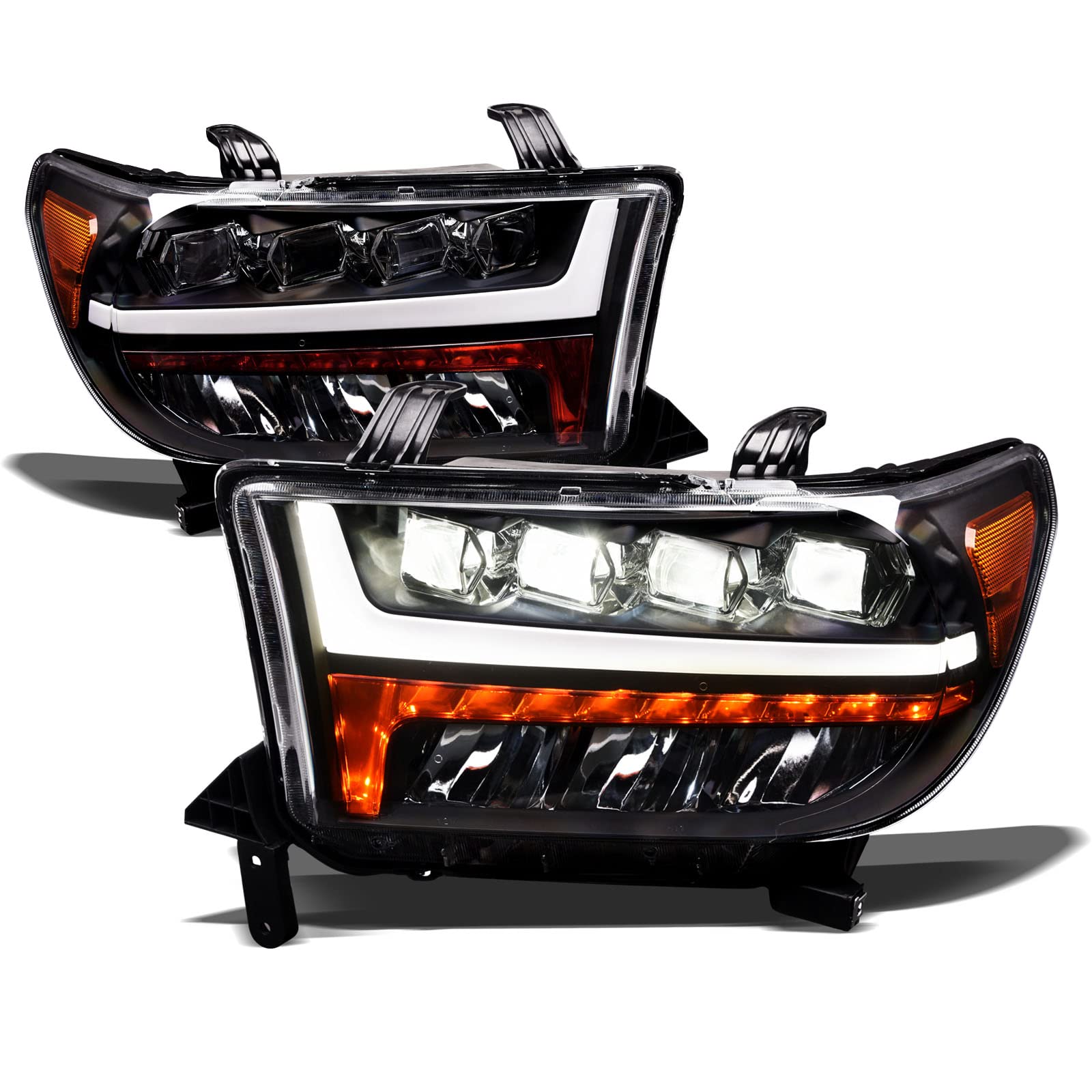 Stehlen 642167819196 Compatible With 2007-2013 Toyota Tundra / 2008-2017 Sequoia Sequential Full LED Quad Projector Headlights With Signal Amber - Black