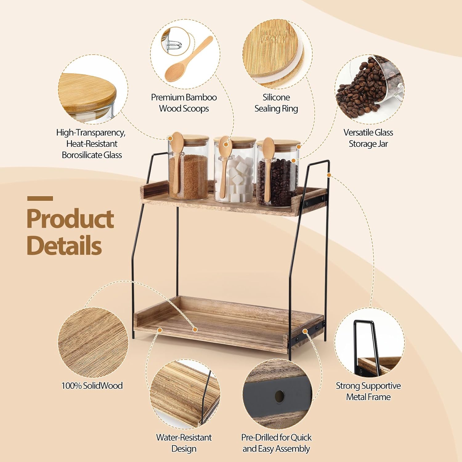 Sieral 2 Tier Coffee Bar Accessories with 3 x 20oz Coffee and Sugar Container Set for Sugar Candy Oats Nuts Countertop Coffees Bar Organizer for Kitchen Home(Paulownia Wood)