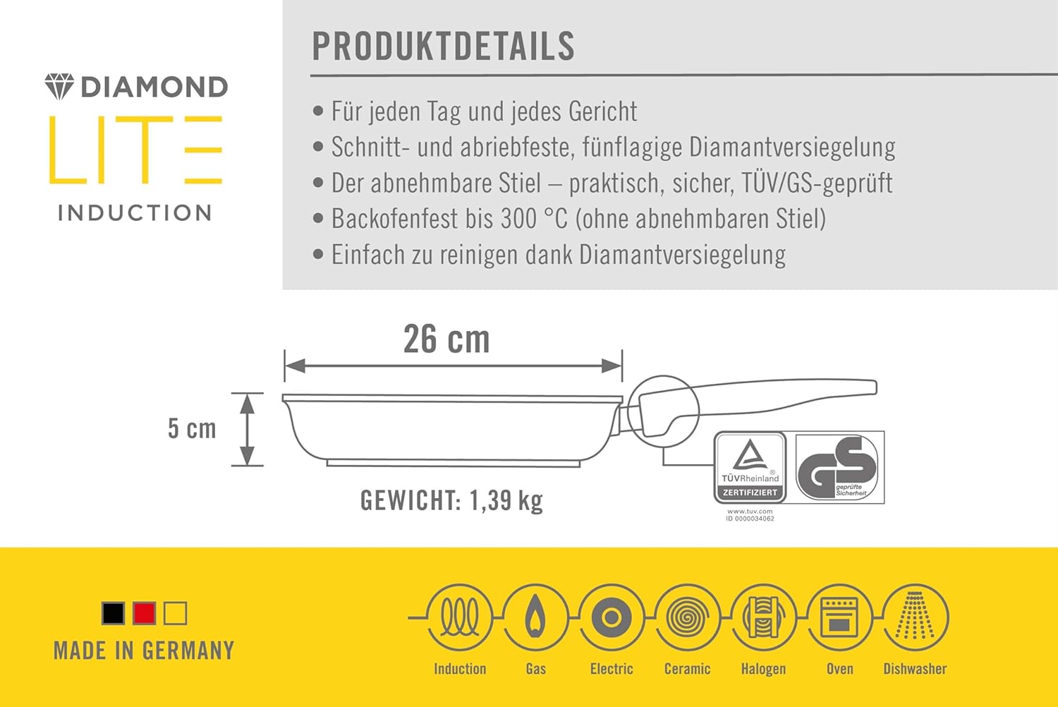 Woll Diamond Lite Flat Pan Inductive Diameter 26 cm Height 5 cm with Removable Handle Suitable for All Hob Types Cast Aluminium Non-Stick Coating Oven-Proof Anthracite