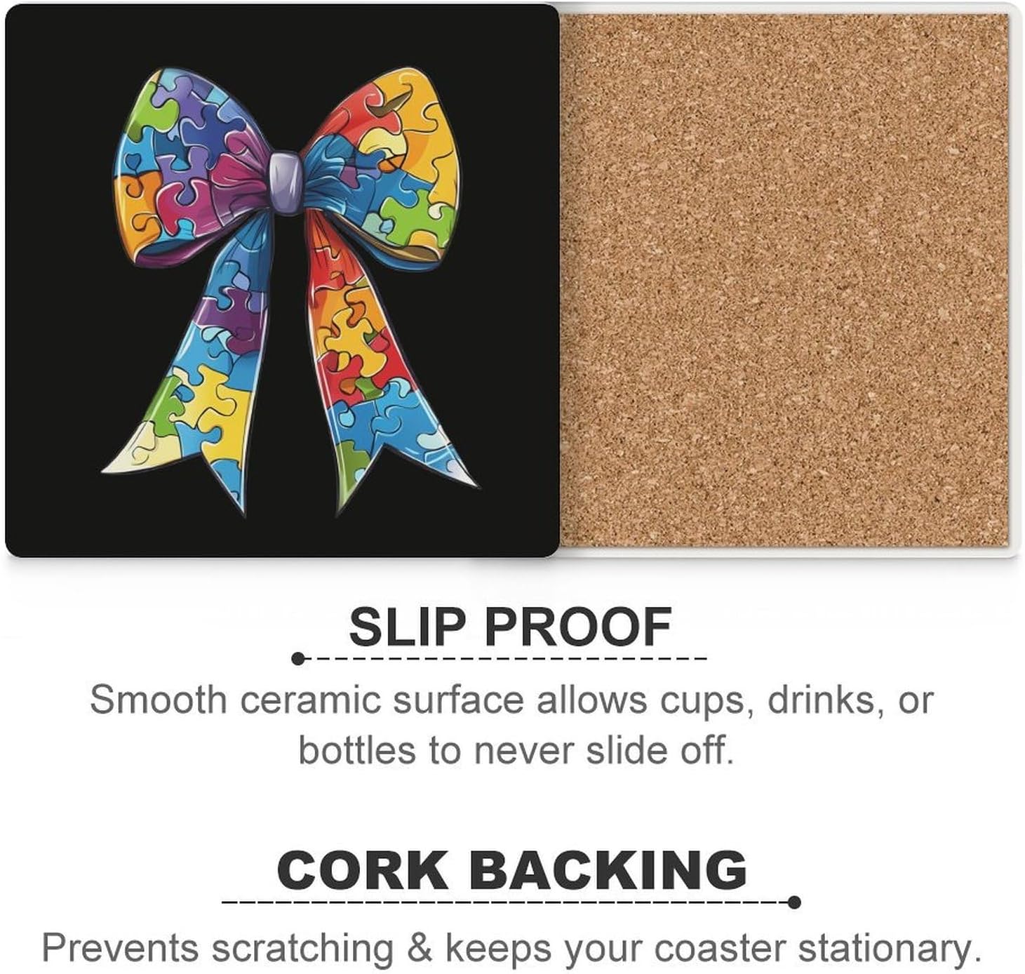 Autism Awareness Bow Funny Ceramic Coasters for Drink Absorbent Cup Holders Tabletop Protection
