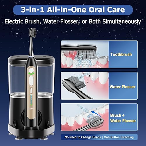 Miniatura 3 de Cepillo de dientes eléctrico con hilo dental de agua, combo de cepillo de dientes mejorado con 3 cepillos + 1 boquilla, 5 velocidades de hilo dental