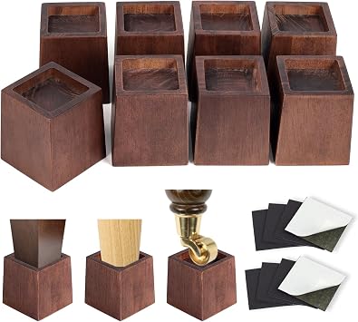 3 Inch Height Heavy Duty Wood Bed Risers 8 Pack Wood Furniture Risers Extenders for Bed, Sofa&Table, Support Up to 2200lbs, Non-Slip Recessed Hole Furniture Lifts for Storage Retro Brown Color