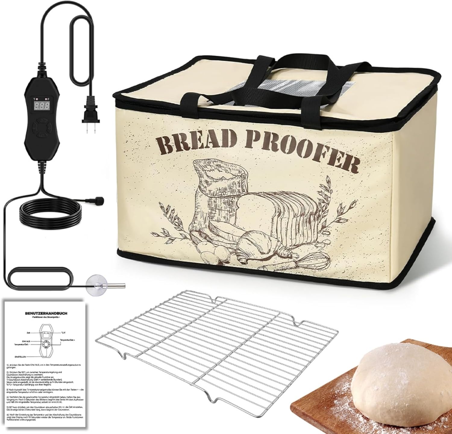 Bread Proofer with Heater, Electric Dough Proofing Box with Temperature Control Timer, Foldable for Sourdough Pizza Yogurt Cheese Fermentation Bread Box for Kitchen Countertop(0–130℉)
