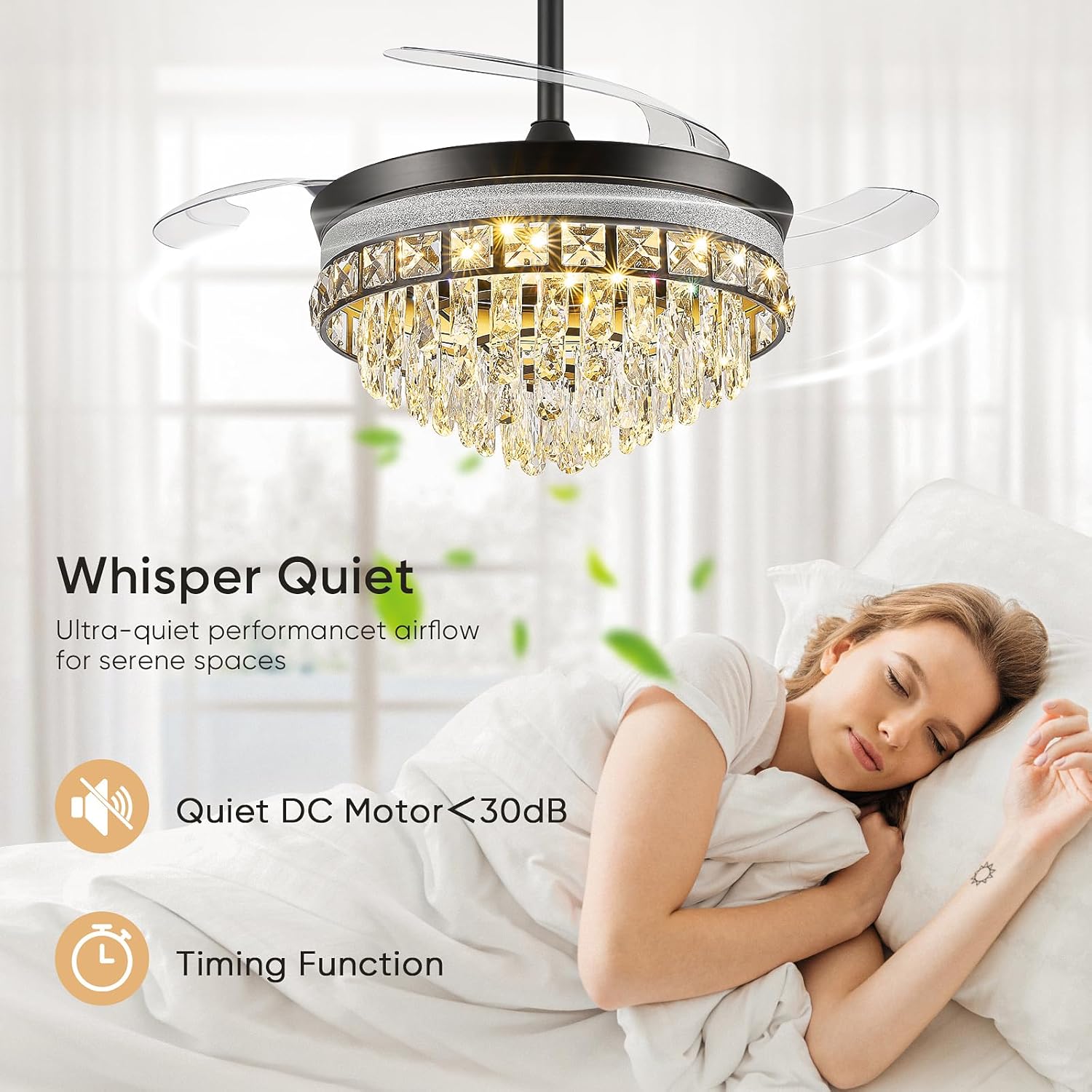 42 Inch Fandelier Ceiling Fan with Light, Chandelier Ceiling Fans with Lights, Crystal Ceiling Fans for Bedroom Living Room, LED Dimmable, 6 Wind Speed,3 Color Temperatures-Black