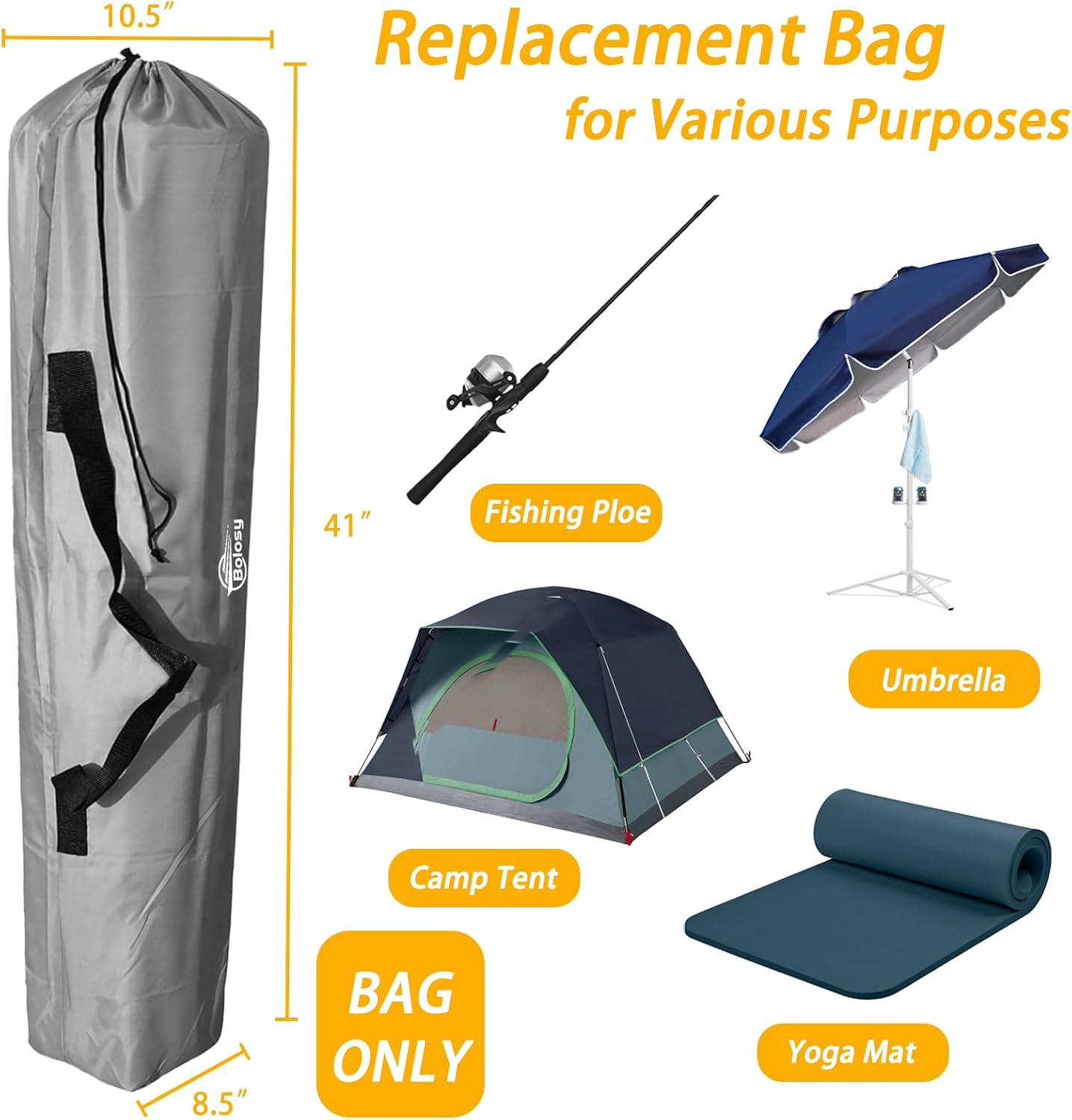 Bolosy 41"x10.5"x8.5" Replacement Bag for Folding Camping Chair, Camp Chairs, Hammock, Yoga Mat, Beach Chair Replacement Bag, 420D Oxford Polyester Fabric, Grey