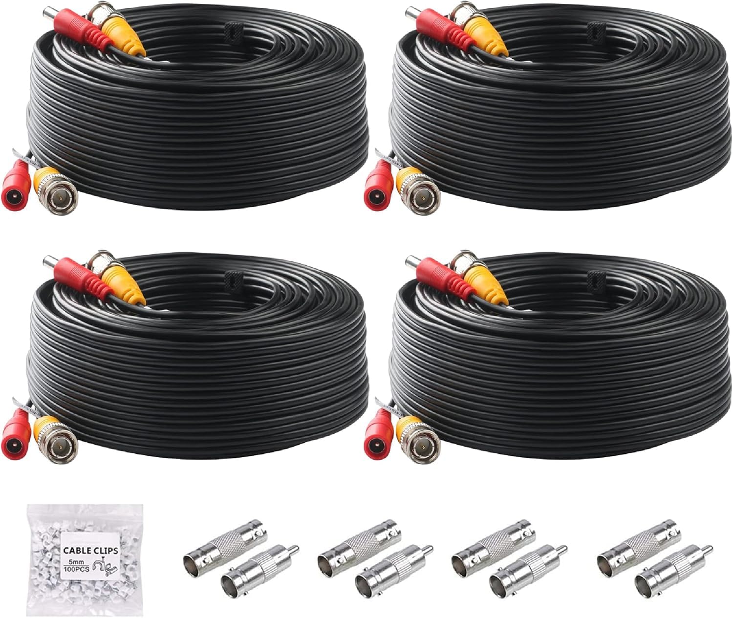 4 Pack 100ft/30M BNC Video Power Cables, BNC All-in One Extension Surveillance Camera Wire for CCTV Camera DVR Systems(BNC RCA Adapters Included)