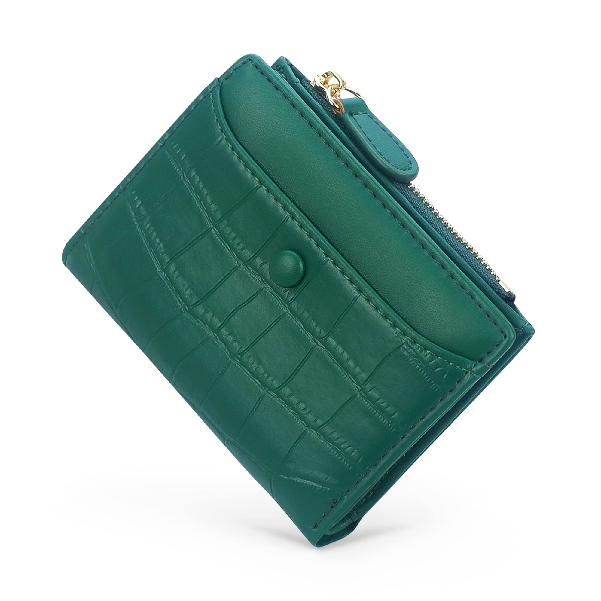 SNCCJ Small Wallet for Women, Leather Compact Bifold Womens Wallet with Zipper Coin Purse (Stone Pattern, Dark green)