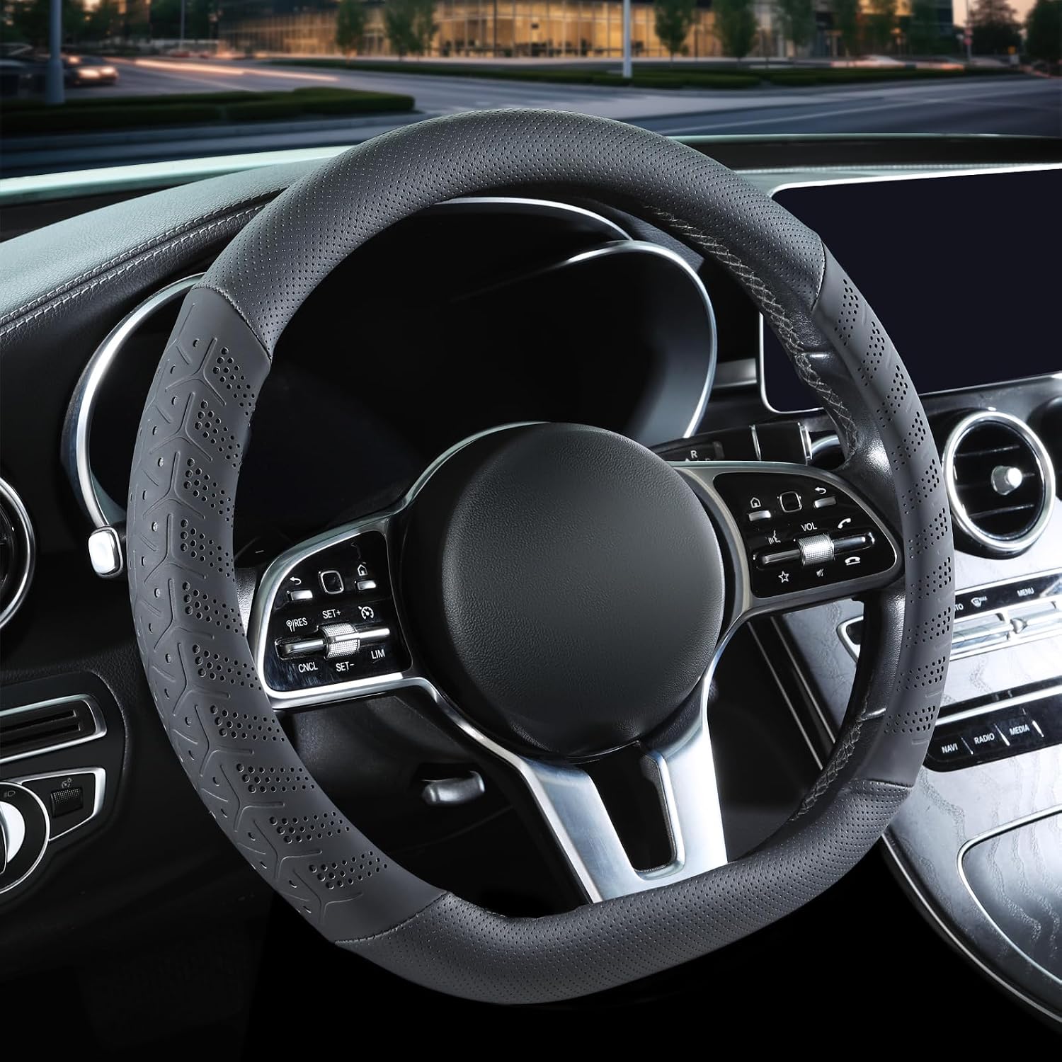 3D Premium Skin-Feel Leather D Shaped Car Steering Wheel Cover, Anti-Slip Breathable Soft Slim Design, Universal 15 inch, Black