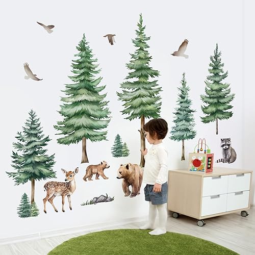 Miniatura 2 de decalmile Calcomanías de pared de pino grande, diseño de oso de bosque, decoración de pared para habitación de niños, habitación de niños,