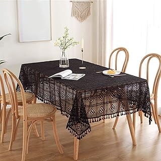 Yizunnu Tovaglia in pizzo lavorato a mano, stile vintage, in cotone, per tavolo da cucina, con centrino nero con nappa, 100 x 140 cm