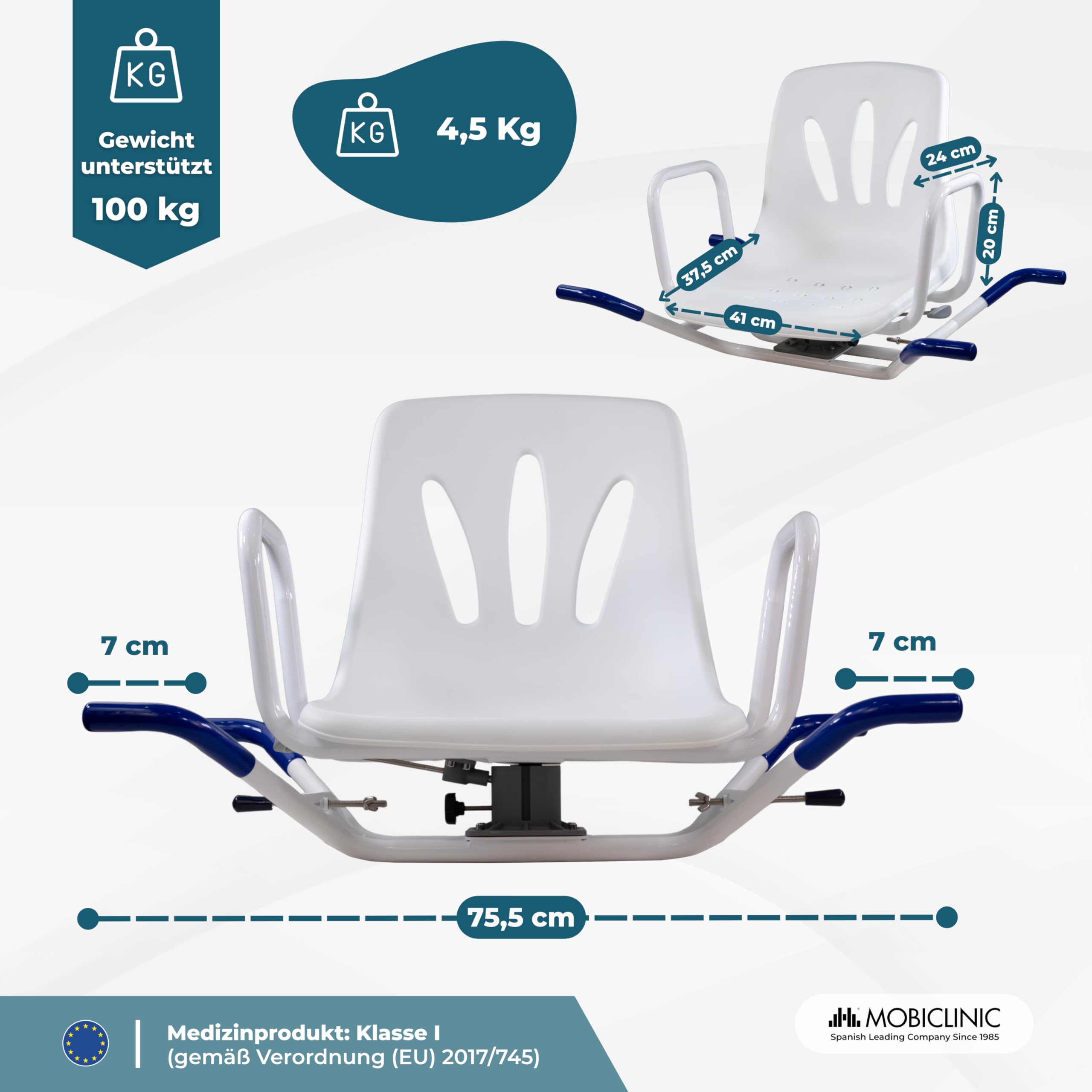 Mobiclinic®, Badewannensitz Drehbar 360º, Europäische Marke, Drehstuhl Dusche, Duschstuhl mit Armlehnen und Rückenlehne, Drehbarer Badewannenstuhl, Wannensitz, Verstellbar, Lago