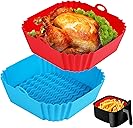 2 PCS Square Silicone Air Fryer Liners - 8 Inch Reusable Air Fryer Pot - Air Fryer Accessories - Air Fryer Inserts for 4 to 7 QT Oven Microwave Accessories (Red + Blue)