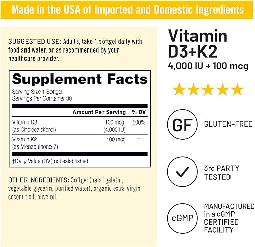 Miniatura 5 de NatureWise Vitamina D3 4000IU + K2 (MK7) 100mcg con aceite de coco orgánico extra virgen  Apoya la absorción de calcio, salud ósea e inmune  Sin