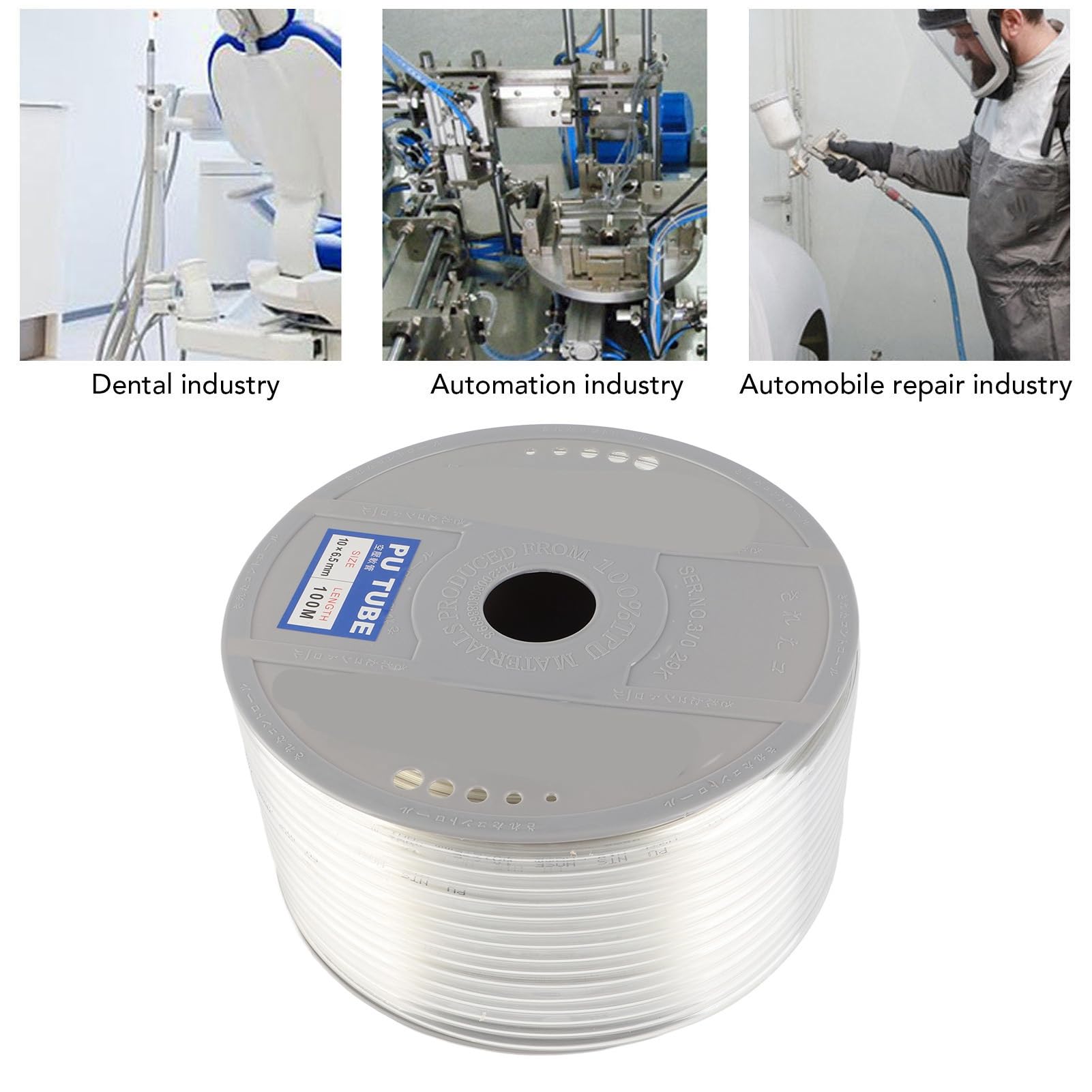 Manguera de aire PU 10 mm OD 6.5 mm ID de 100 m Longitud Transparente Tubo de tubo de tubo neumático Línea de tubo para compresor de aire y herramientas neumáticas Material