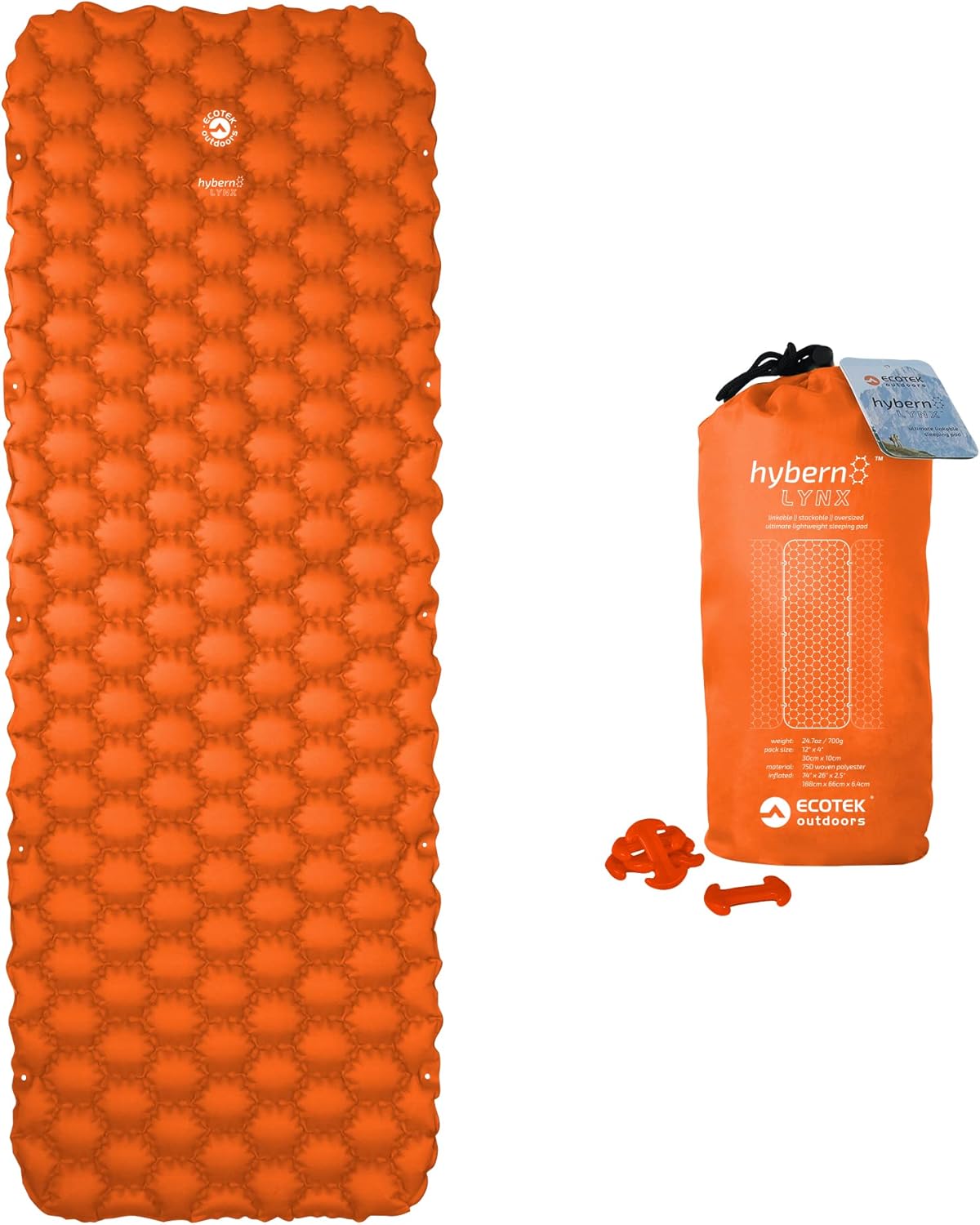 ECOTEK Outdoors Hybern8 Lynx - Linkable, Oversized Sleeping Pad - Innovative & Easy to Use - Lightweight & Compact - Perfect for Backpackers, Overlanders, Couples, and Families (Fire Orange)