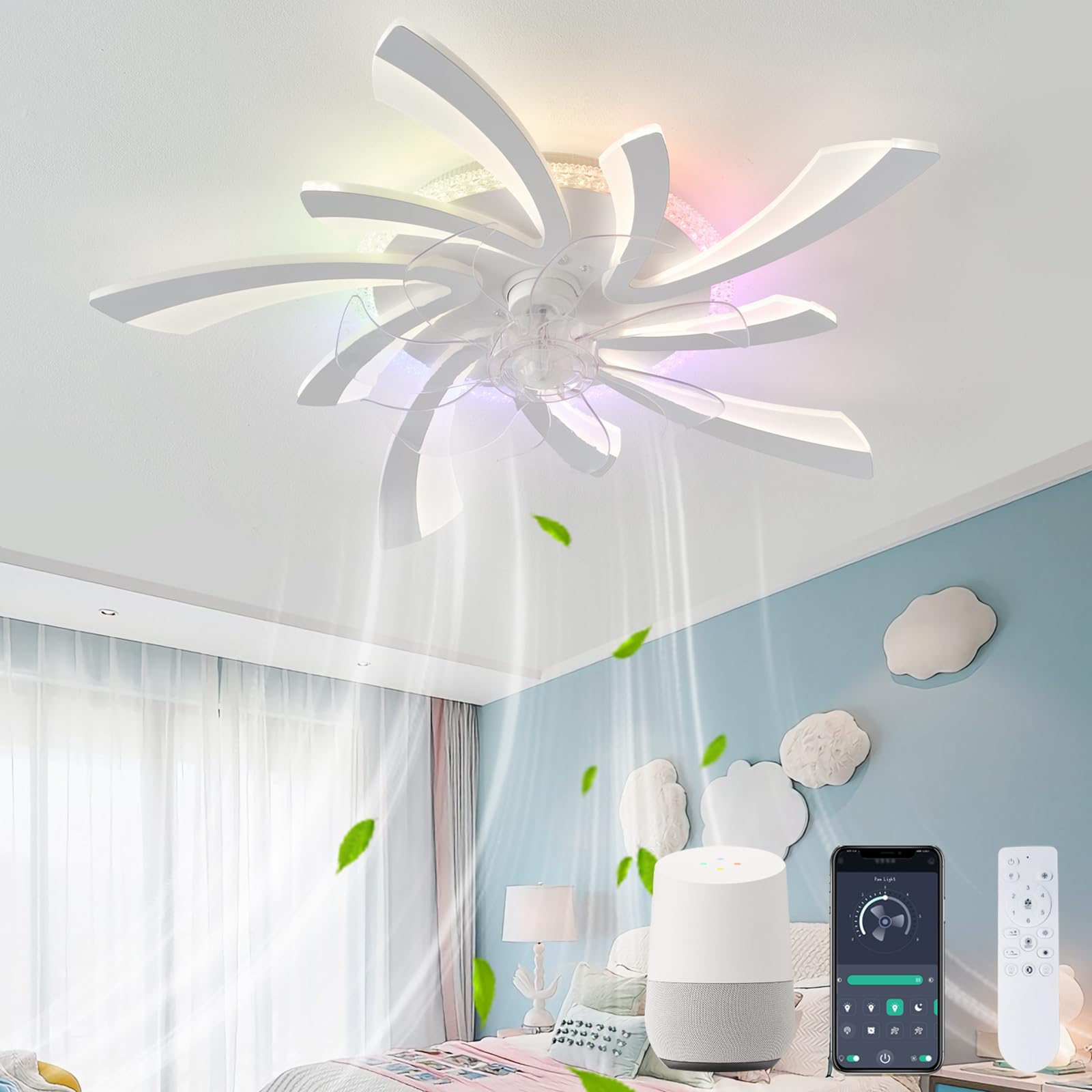 Lampara Ventilador Silencioso Para Dormitorio, Luz Ventilador Techo Infantil RGB LED Regulable Reversible, Ventilador Techo Con Luz Con Motor CC Compatible Con Alexa, Blanco