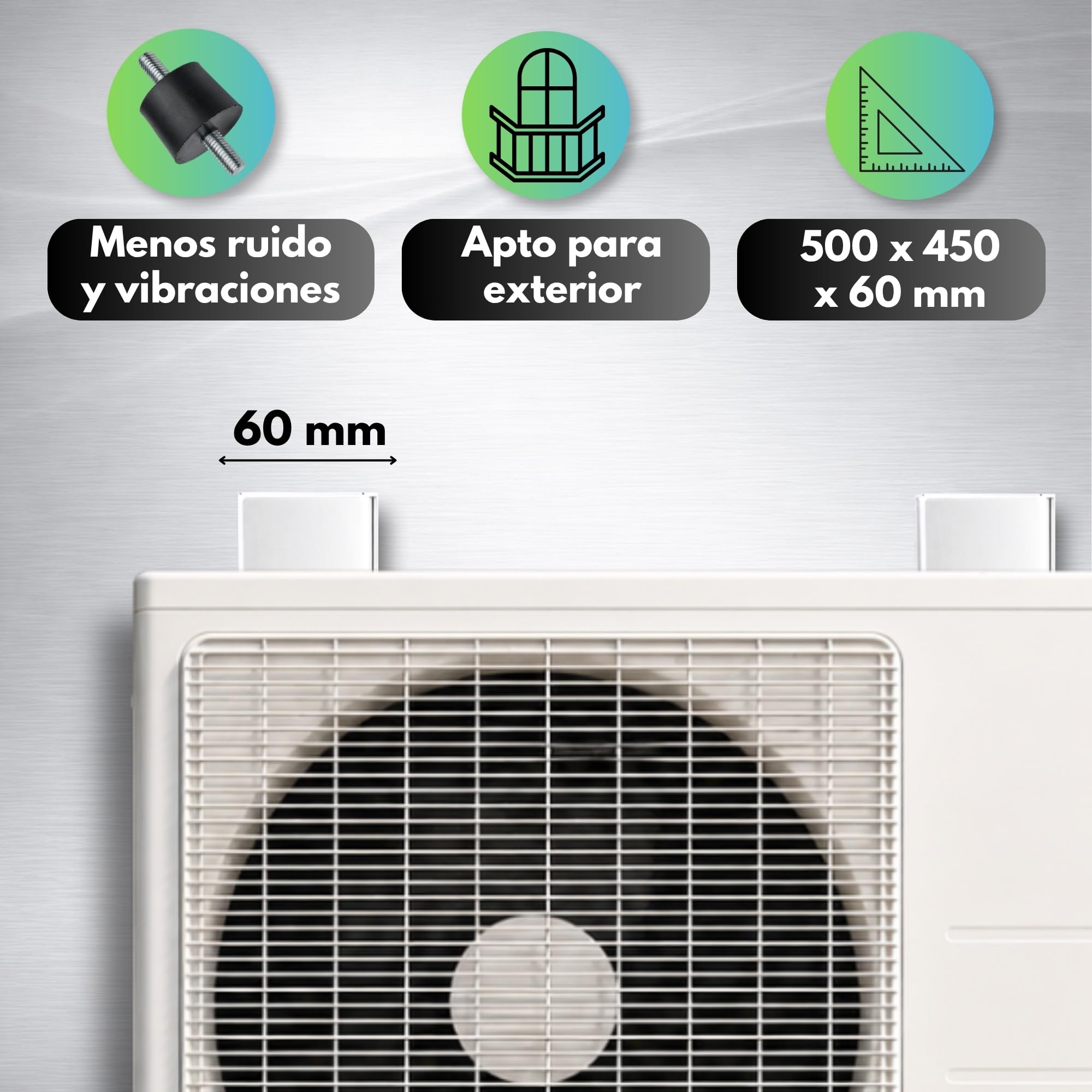 Soportes Unidad Exterior Aire Acondicionado, Soporte pared maquina de aire estructura soldada, Tamaño Alto 500 x Largo 450 x Ancho 60mm, Incluye pack 4 unidades Silentblock A-35 antivibradores