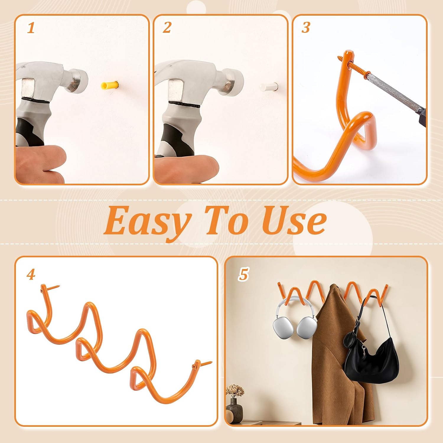Orange Wall Mounted Coat Rack, 11.8" x 2.8" Decoration Wave Shaped Wall Coat Hook Hanger for Coat, Hat, Bag, Umbrella Multi-Purpose Hooks for Bedrooms, Living Rooms, Bathrooms