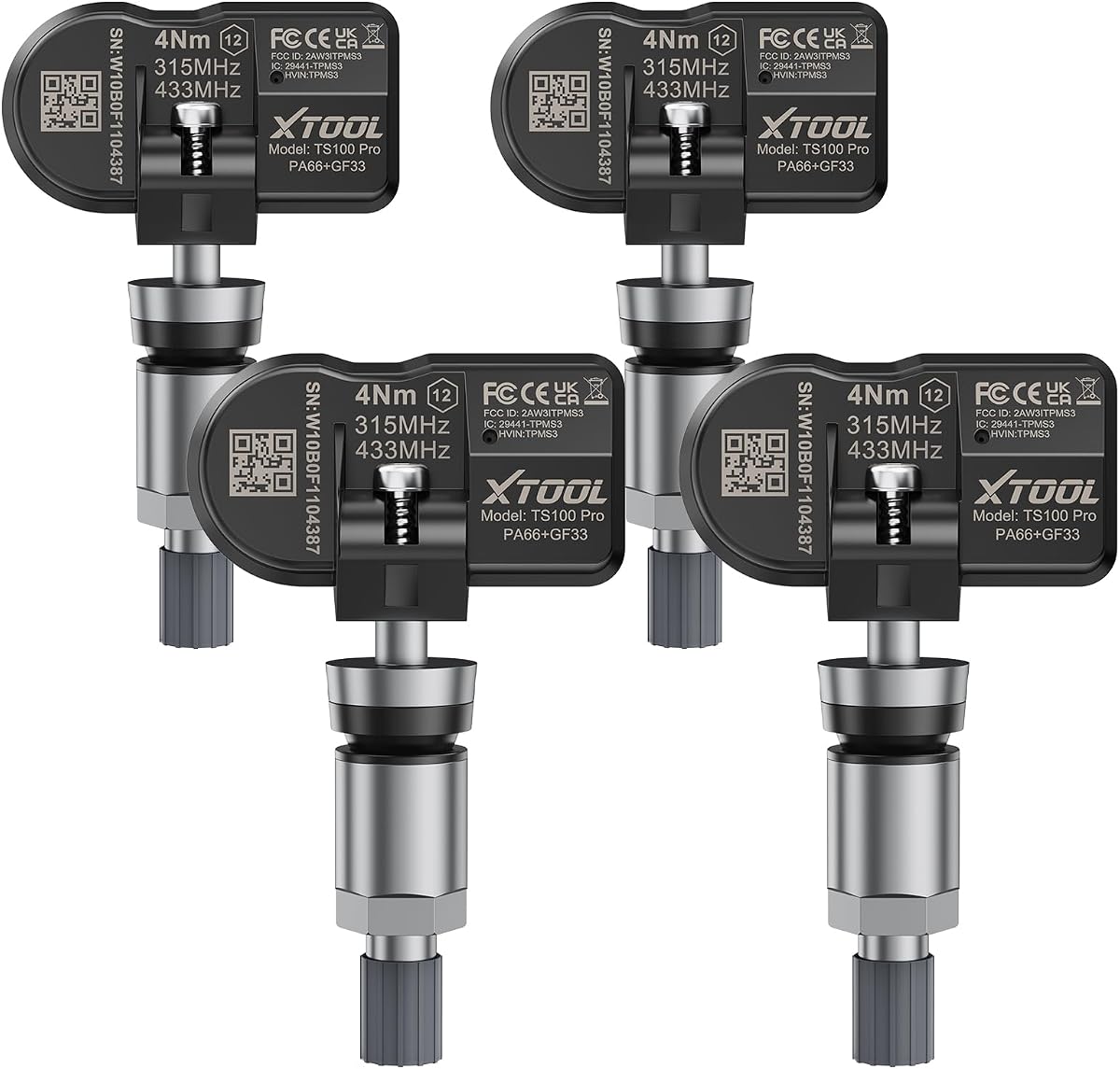 TPMS Sensors Set of 4: XTOOL TS100 Pro, 315/433MHz Tire Pressure Sensor | OEM Tire Sensor Replacement, Tire Pressure Monitor System Sensors with Metal Value for GM and All Cars, Work with XTOOL TP150