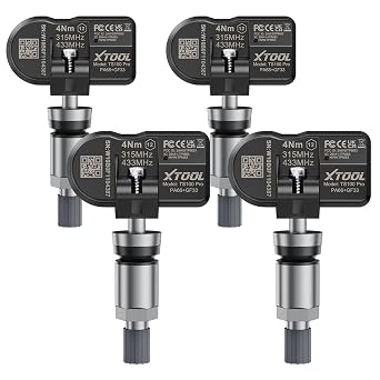 TPMS Sensors Set of 4 XTOOL TS100 Pro, 315/433MHz Tire Pressure Sensor, OEM Tire Sensor Replacement, Tire Pressure Monitor System Sensors with Metal Value for GM, for All Cars, Work with XTOOL TP150