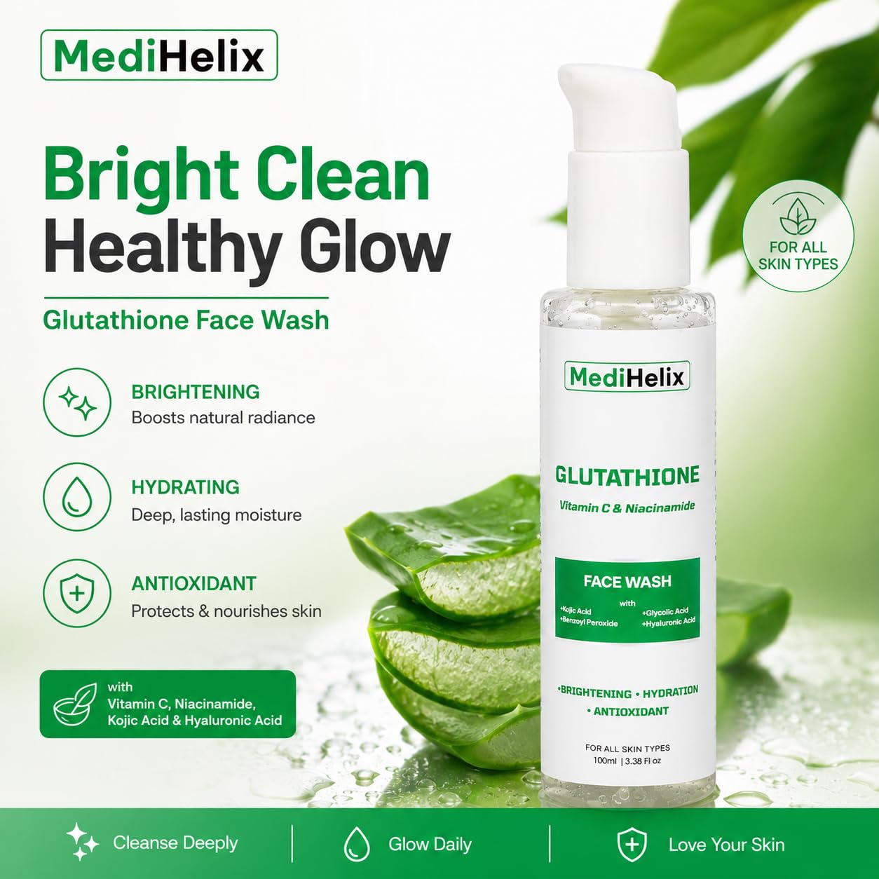 MediHelix Glutathione Face Wash for Skin Whitening (300ml) Remove Pigmantation, Acne and Dark Spots for Oily, Dry, Combination, Sensitive & Acne Prone