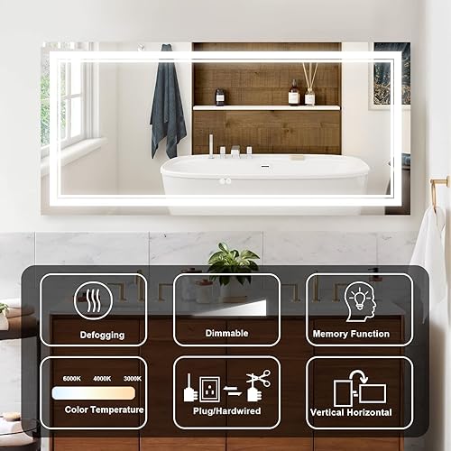 Miniatura 5 de Espejo de baño con luz LED de 60 x 28 pulgadas con luz de 3 colores espejo de tocador de baño montado en la pared con botón táctil espejo de