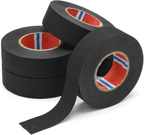 QWORK® 4 Rollos Cinta de Tela Adhesiva, Cinta Aislante Negra Impermeable y Resistente al Calor, Cinta Arnés de Cableado para Motocicleta Automóvil, 19 mm x 20 M