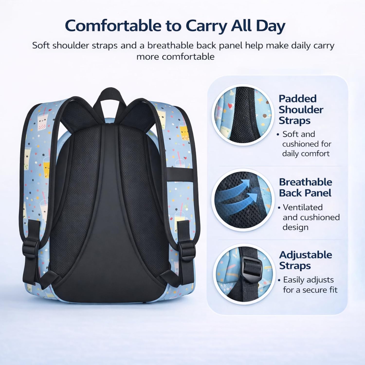 Cute Boba Bubble Tea Print Kids Backpack, Lightweight Girls School Bookbag with Front Pocket and Side Pockets for School and Daily Use