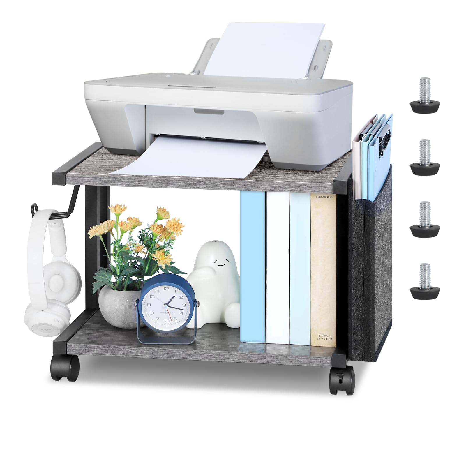 Susei Printer Stand, White, 2-Tier Printer Table With Wheels, Space-Saving Wooden Desk Shelf - View #9