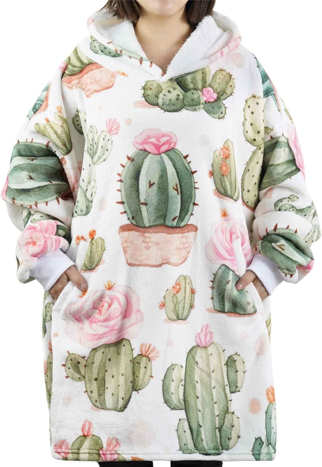 Cactus Gifts for Cactus Lovers, Wearable Flannel Cactu Blanket Hoodie with Two Large Pocket