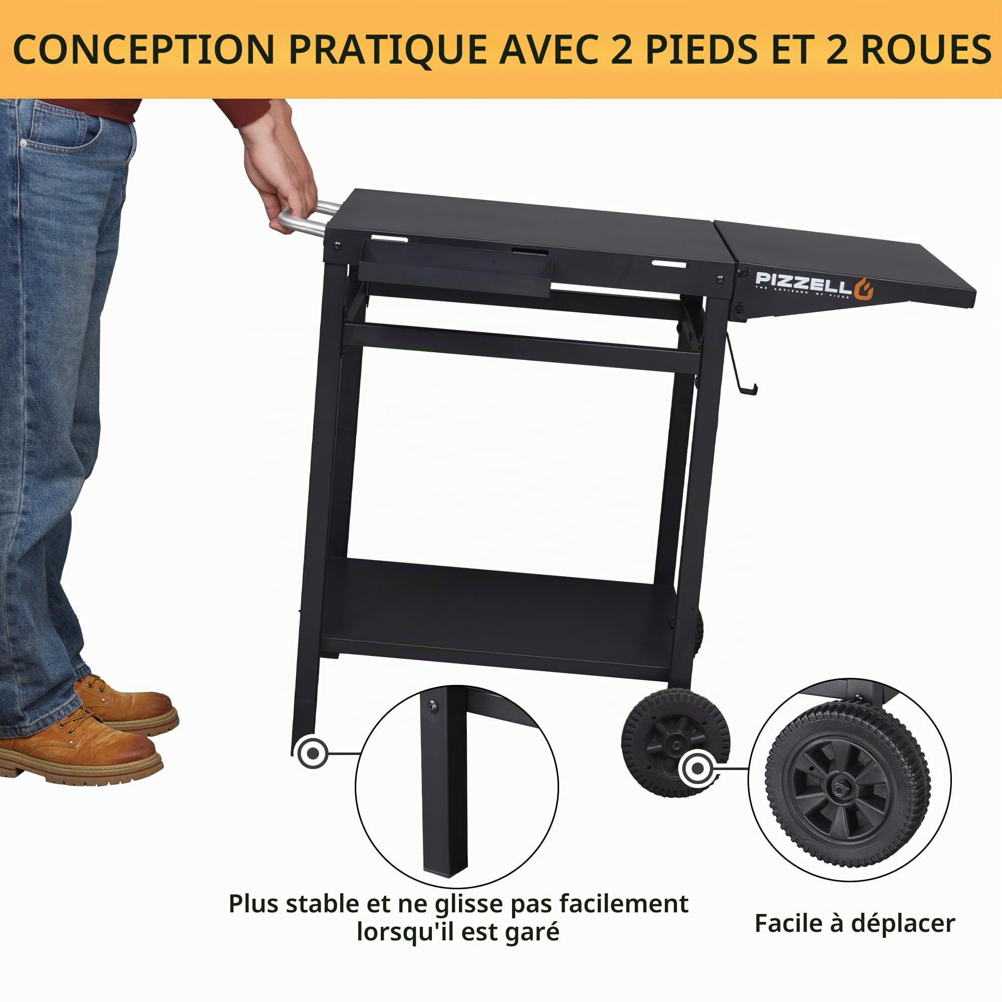 PIZZELLO Chariot pour barbecue et station de préparation extérieure, table à pizza avec roues de rangement, crochets poignée comptoir convertible, noir