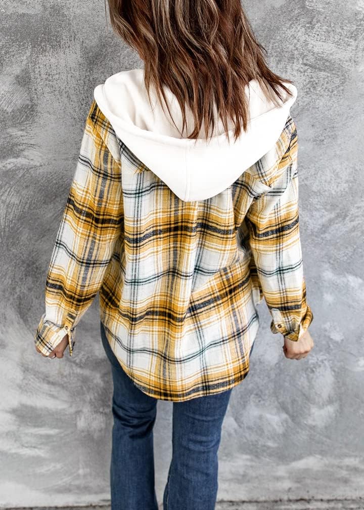 INFITTY Women's Buffalo Plaid Hoodie Long Sleeve Jacket Button Drawstring Casual Fall Shirts with Pocket - Image 3