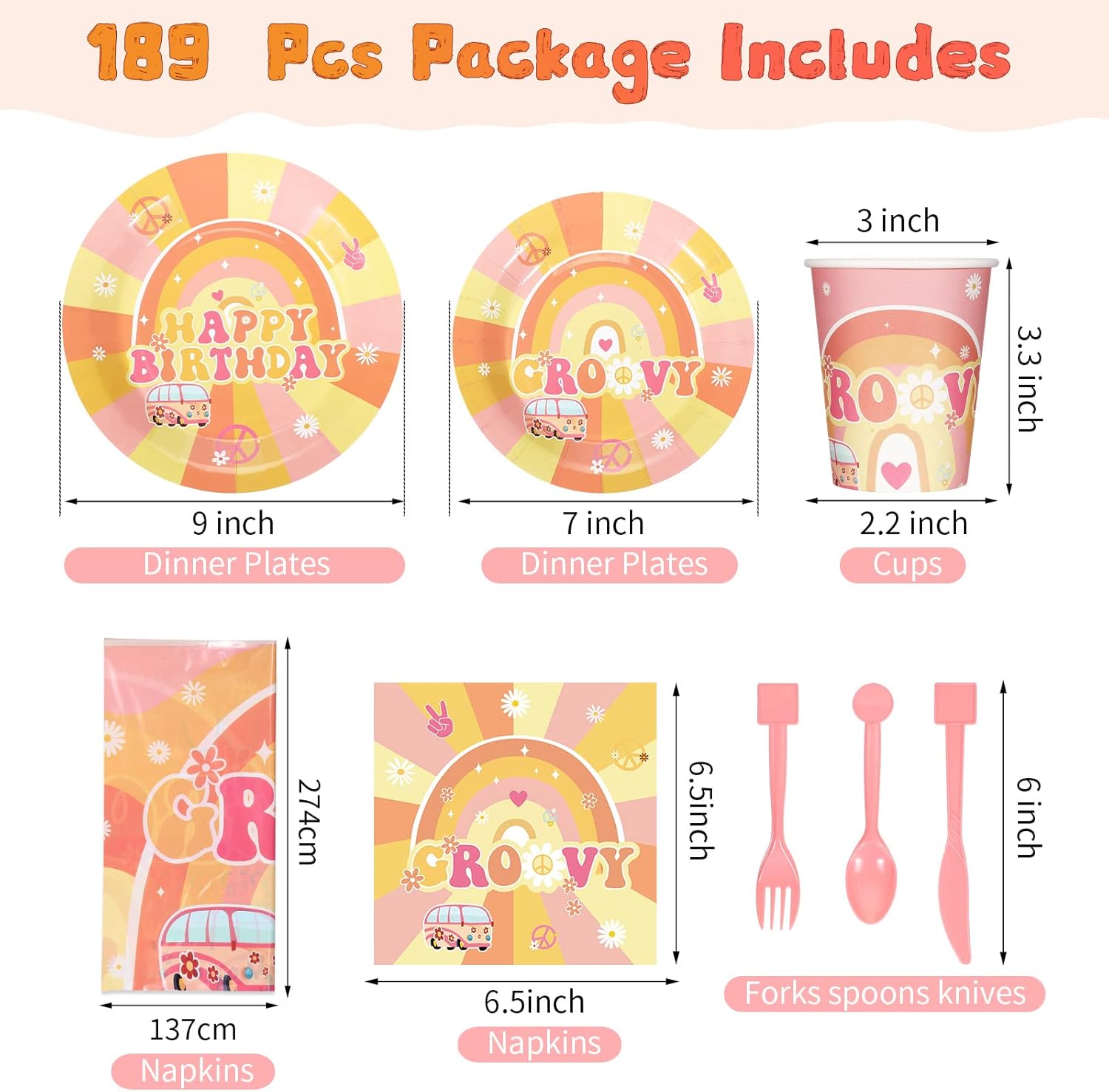 189 Pcs Two Groovy Birthday Party Tableware Set, Groovy Boho Hippie Daisy Tablecloth 24 Guests Dinner Plates Dessert Plates Cups and Napkins for Girl Retro Rainbow Boho Party Decorations Supplies