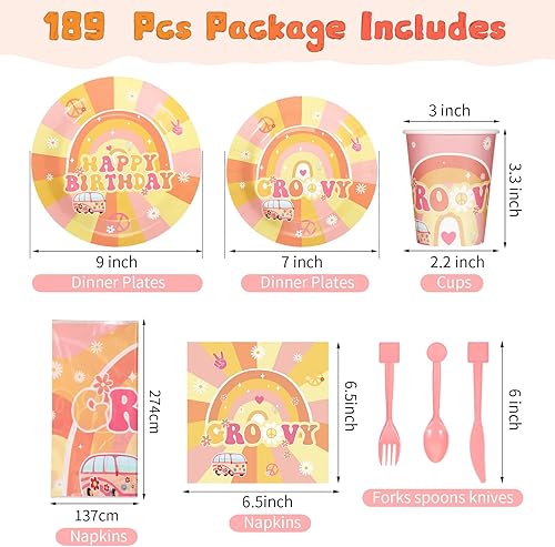 Miniatura 2 de Juego de vajilla de 189 piezas para fiesta de cumpleaños, Groovy Boho Hippie Daisy Mantel para 24 invitados, platos de postre, tazas y servilletas