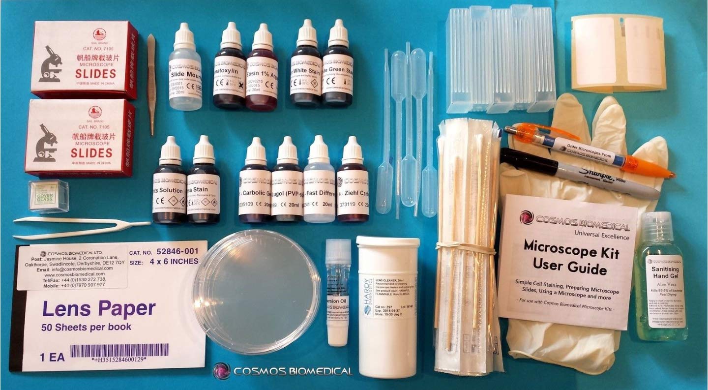 Microscope Slide Kit - Premium Kit (Slides, Coverslips, Stains, Mountant etc.)