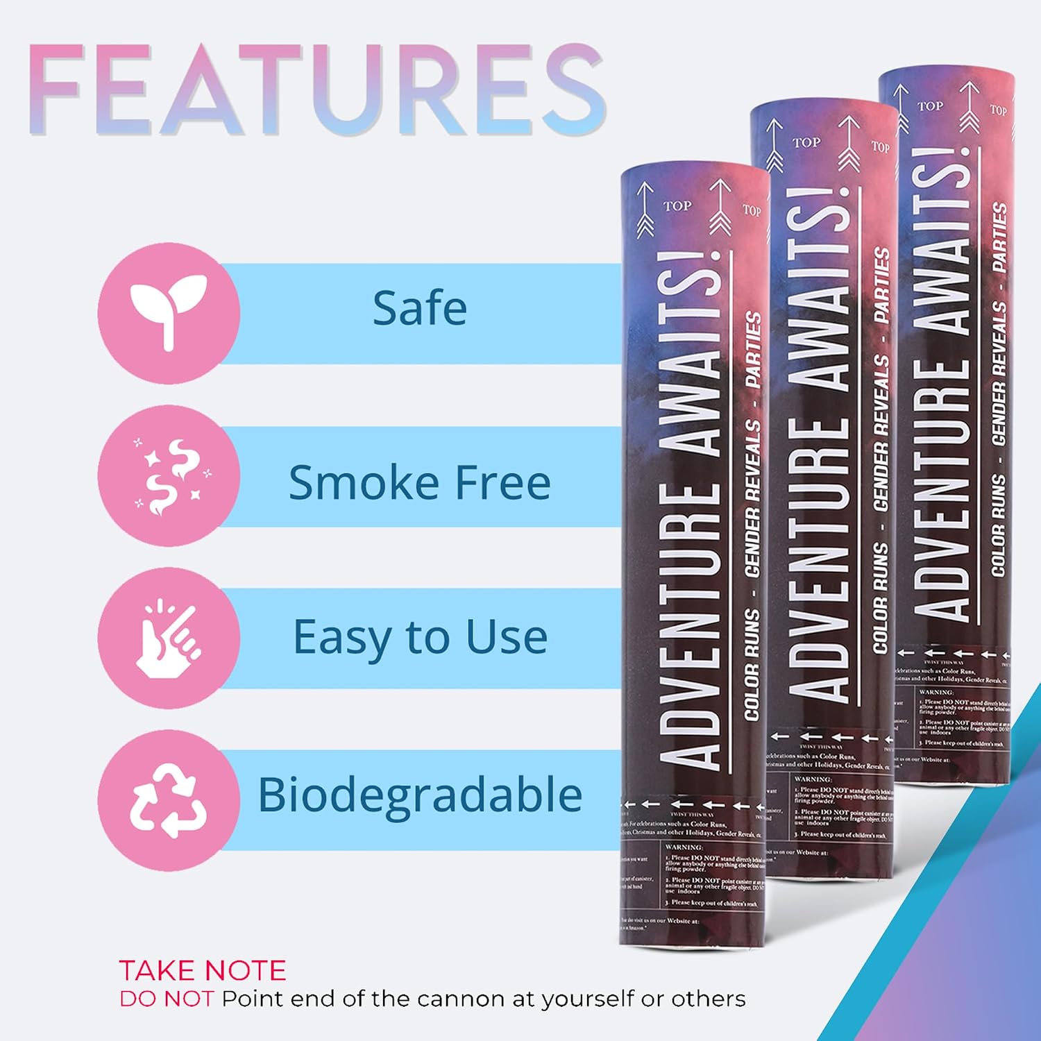 Adventure Awaits! - BABY GENDER REVEAL - 4-Pack Hand Held Air Filled Party Popper - 3 options: 4 Blue or 4 Pink or 2 Red/2 Blue - Check our store for other Color Run Festival colors! (2 Pink & 2 Blue)