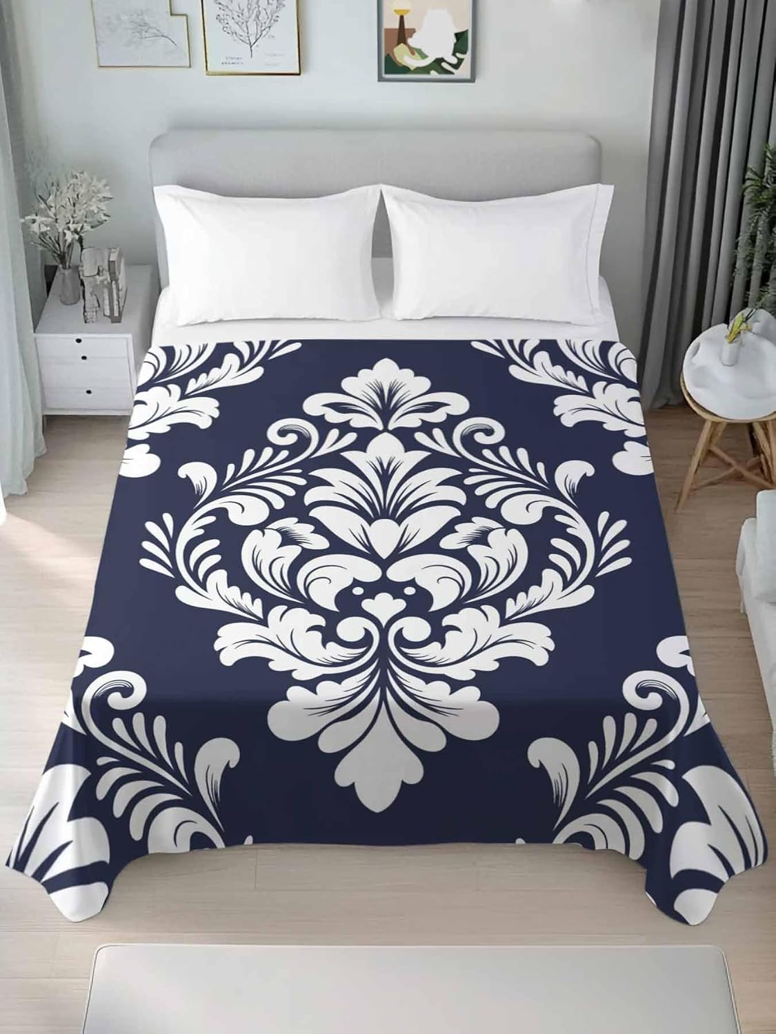 Top Sheet Full Bedding Flat Sheet Only, Retro Mid Century White Blue Flower Art Microfiber Bed Sheets Soft Breathable Bedding Flat Sheets, Abstract Floral Texture Hotel Luxury Top Sheets