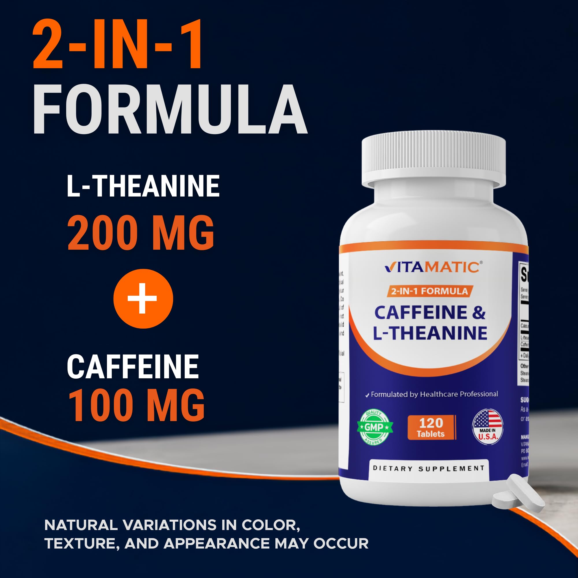Vitamatic L-Theanine 200 mg with Caffeine 100 mg, 120 Tablets, Made in USA — Amazon image 4