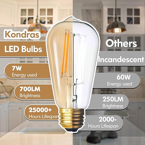 Miniatura 3 de Bombillas LED regulables de 7 W, bombillas Edison equivalentes a 60 vatios, bombillas LED vintage de vidrio ámbar ST58, blanco cálido 2700 K, base