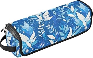 Estuche de viaje 2 en 1 con diseño de hojas de color azul claro y tapete resistente al calor con cremallera, organizador de accesorios de peinado extraíble para rizador, alisador, secador de pelo