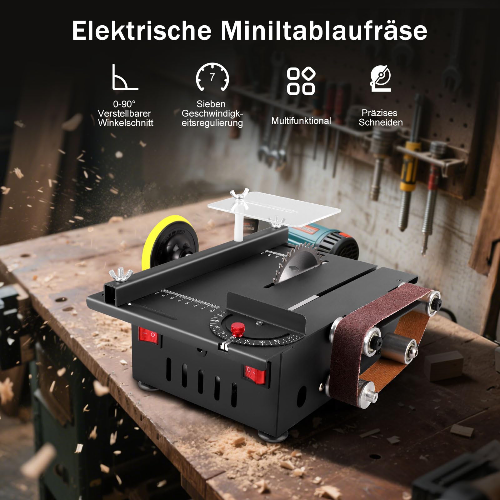 Mini sega circolare da tavolo e levigatrice a nastro, sega circolare Minii con angolo di taglio regolabile da 0 a 90°, mini banco elettrico con 4 lame, lama per sega da 30 mm per artigianato e il
