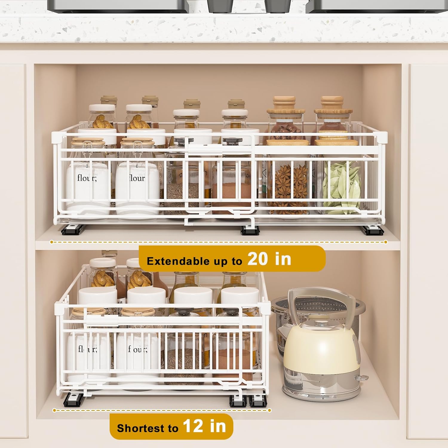 REALINN 2 Pack Pull Out Cabinet Organizer, Expandable(12"-20") Slide Out Drawers 3 Slide Rails Fix with Adhesive or Screw, Roll Out Shelves for Kitchen Cabinet Organization, White, 6.75in height