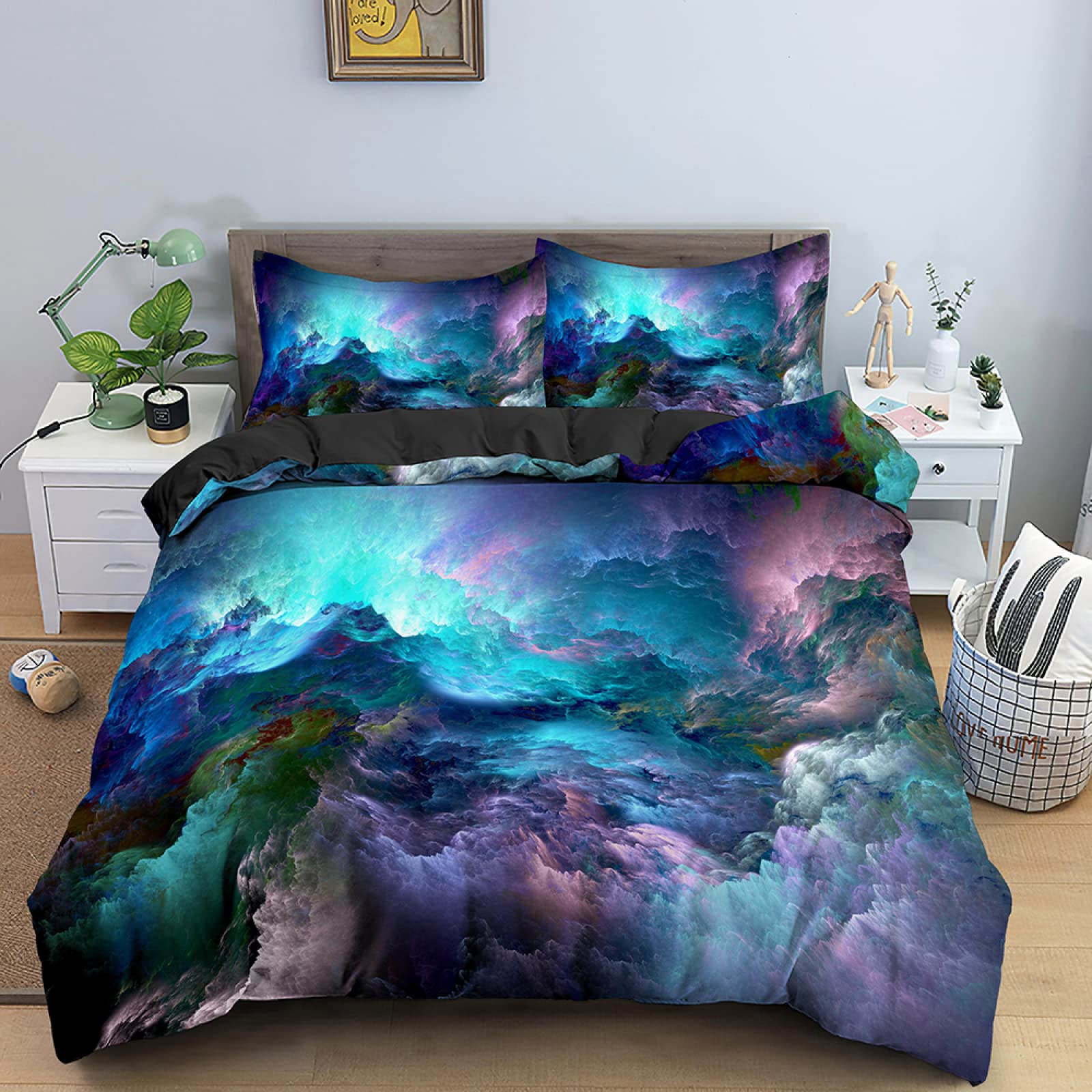 Parure de lit 90x190 enfant bleu violet avec housse de couette et taie