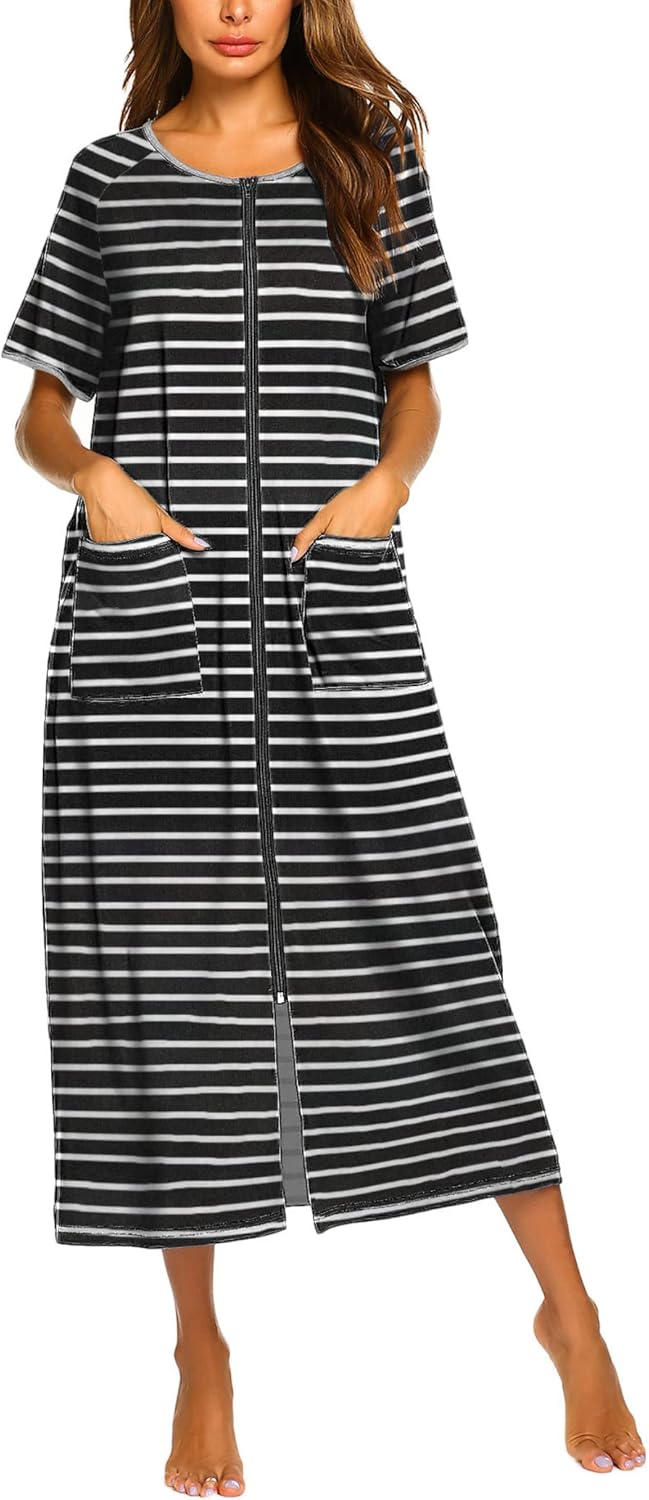 Ekouaer Women Robes Zipper Front Short Sleeve Full Length Housecoat with Pockets Loungewear S-4XL