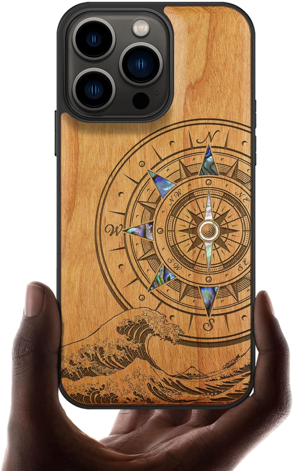 Carveit Designer Wooden Protective Case for iPhone 13 Pro Magnetic Cover [Wood Engraving & Shell Inlay] Wood Phone Case Compatible with 13 Pro MagSafe (Sea Wave Compass-Rosy)