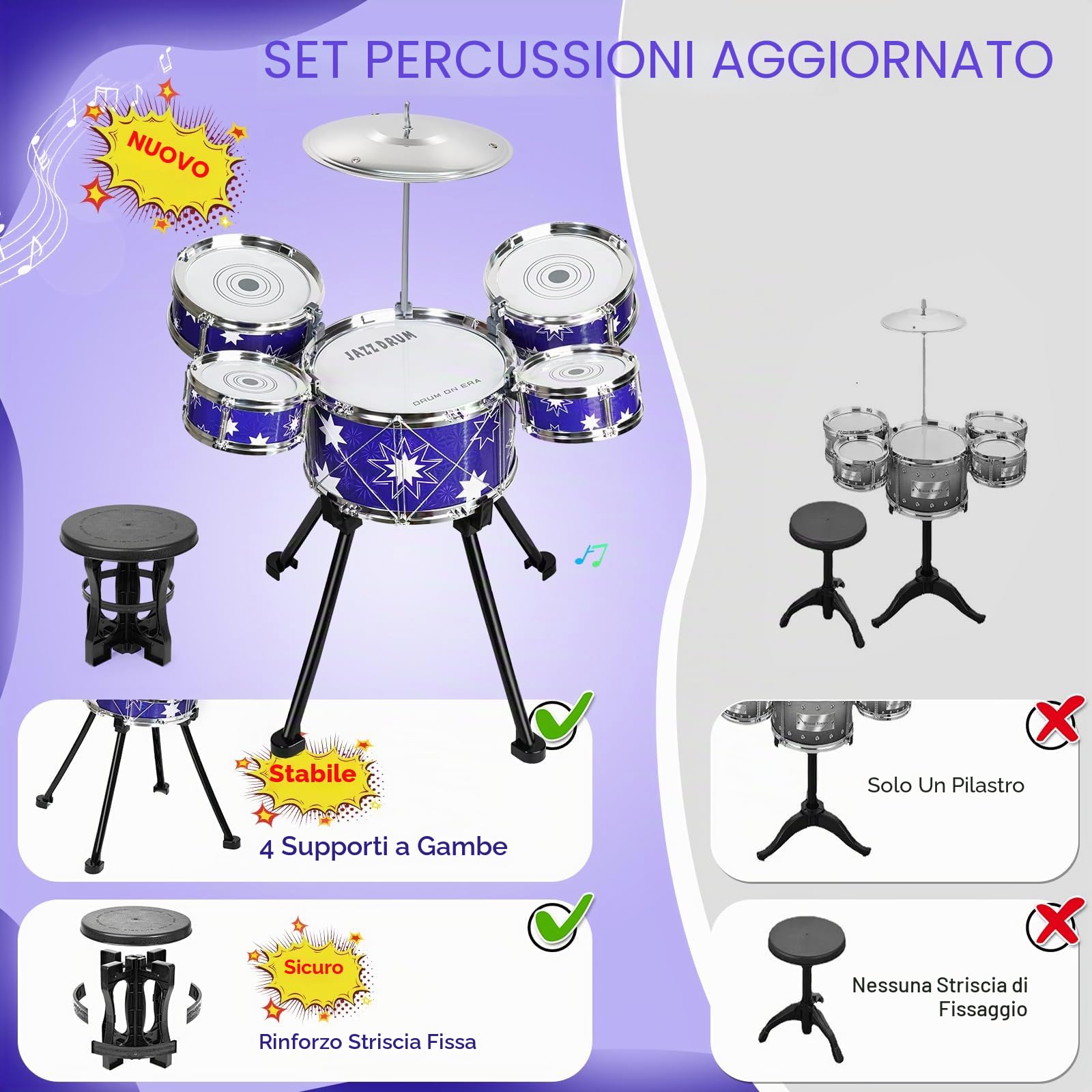 Giocattolo Batteria per Bambini Strumenti Musicali 3+ Anni | Kit Batteria Jazz per Bambini con Sgabello, Giocattolo Musicale per Ragazze Ragazzi di 3 4 5 Anni Regalo